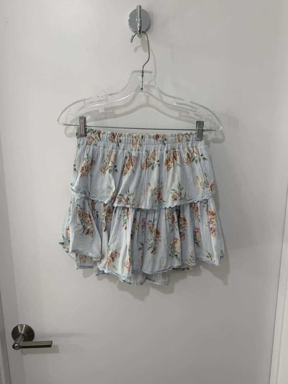 LoveShackFancy Ruffle Tiered Floral Mini Skirt in Baby Blue